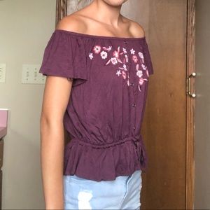 PURPLE FLORAL TOP OFF THE SHOULDER BUTTON UP